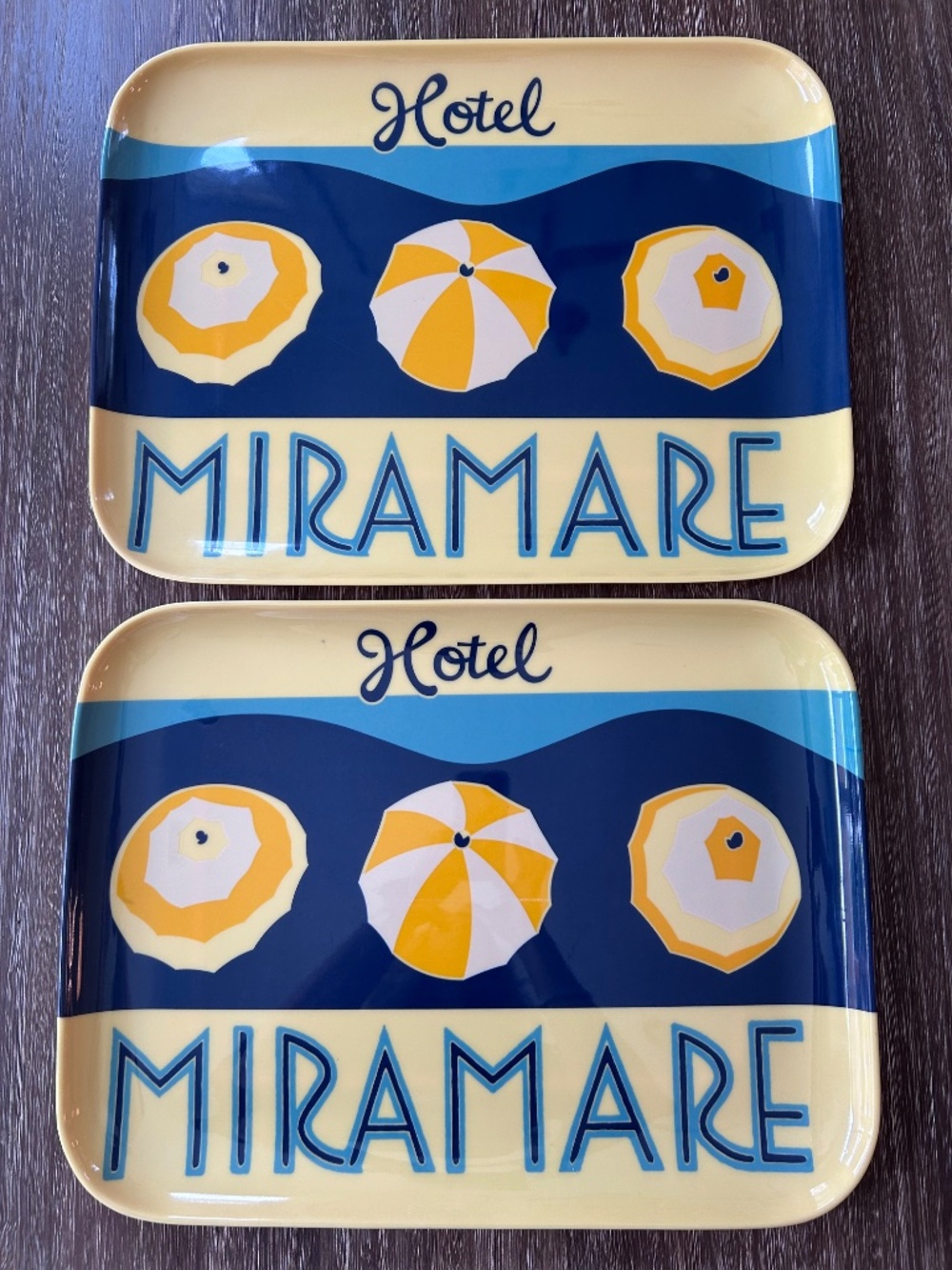 POTTERY BARN Set of 2 Melamine Serving Trays "Hotel Miramare"